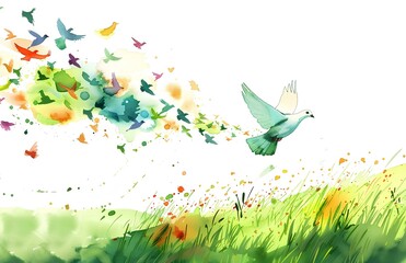 Abstract watercolor illustration of flying bird with beautiful landscape inside, white background, clip art for stickers, concept for peace or love symbol