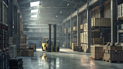 Forklift lifting heavy crates, in a bustling warehouse, realistic render