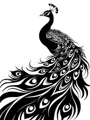 Fototapeta premium Elegant Peacock Vector Illustration, Stylized black and white vector illustration of an elegant peacock with detailed plumage in a graceful pose.