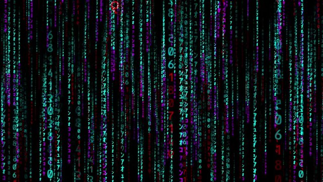 Futuristic matrix code background. Cyberpunk matrix code falling animation. Matrix rain code background. Seamless loop 