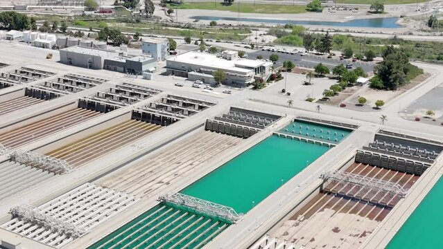 Disinfection pre-treatment tanks at Metropolitan Water District of Southern California - pullback aerial reveal