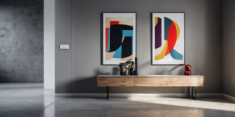 A minimalist and modern entryway with a sleek and polished concrete floor, a simple and functional console table, and a large piece of abstract art on the wall.