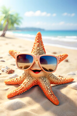 Summer vacation.Smiling starfish in sunglasses on sea beach.Seaside resort. summer holiday. 

