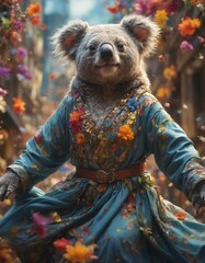 A koala dressed in a vibrant blue dress with floral patterns and a belt, standing amidst colorful autumn leaves.
