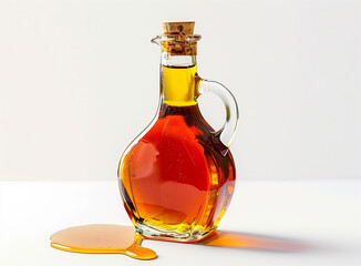 Create an image of a flask of honey syrup with a honey dipper dripping honey beside it on a white backdrop