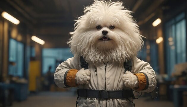 A dog dressed as an electrician, with a white coat, stands confidently in an industrial setting.
