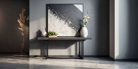 A minimalist and modern entryway with a polished concrete floor, a simple and functional console table, and a large piece of abstract art on the wall.