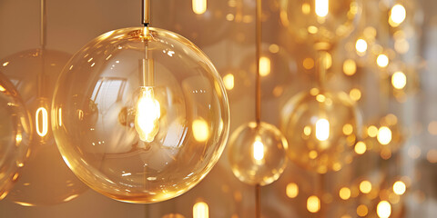 A group of golden globe lights hang from the ceiling One light is turned on.