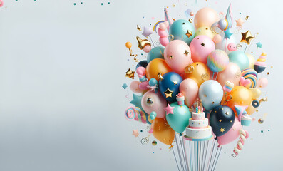 Balloons with ribbon birtday party with white background, generative ai