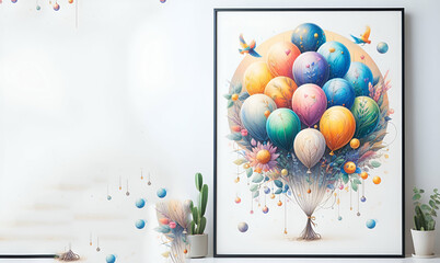 Balloons with ribbon birtday party with white background, generative ai