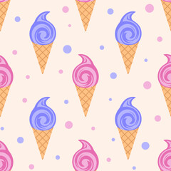 Summer seamless pattern with sweet pink and blue ice cream cones. Vector design for textile, wrapping paper, greeting cards.