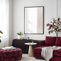 Frame mockup, ISO A paper size. Living room poster mockup. Modern interior design. Living room Interior mockup with house background. 3D render