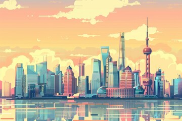 Illustration of Shanghai urban landscape with vibrant colors, city pop