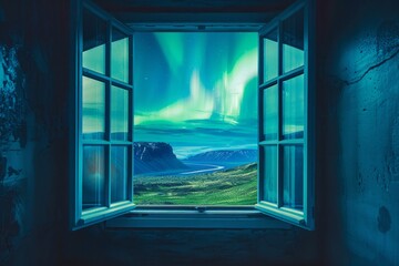 Fototapeta premium View of Iceland's Nature landscape from a hotel window with aurora