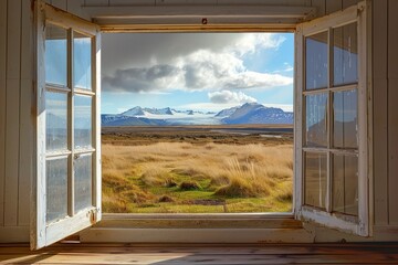 View of Iceland's Nature landscape from a hotel window