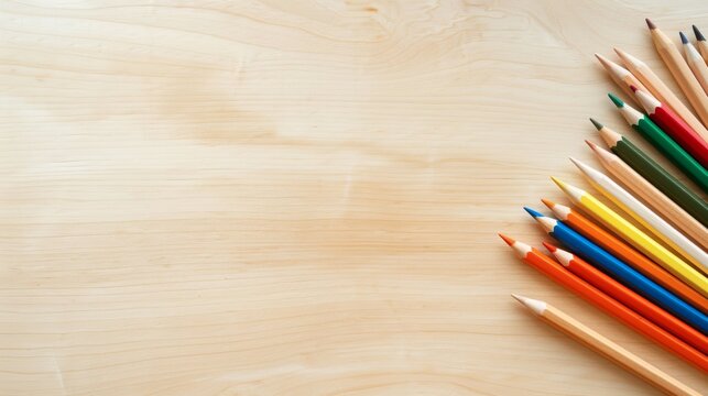 Top view of a few colored pencils around on wooden table. Education, learning, back to scholl concept. Space for copy text