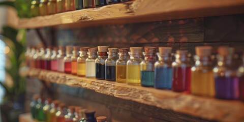 Colorful glass bottles with corks on wooden shelves in a cozy apothecary shop. Array of vibrant liquids and tinctures creating a rustic charm.