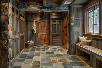 A rustic mudroom with stone tiles and wooden lockers.