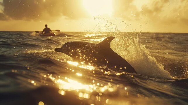 A dynamic scene of a dolphin playfully racing a human kayaker across the ocean's surface The water splashes and the sunlight glistens