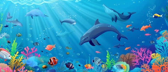 World Oceans Day digital invitation card with an underwater theme The image includes a variety of sea creatures like dolphins