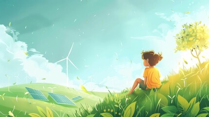 Fototapeta premium A child sitting on a grassy hill