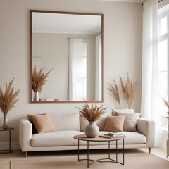 
Frame mockup, ISO A paper size. Living room poster mockup. Modern interior design. Living room Interior mockup with house background. 3D render
