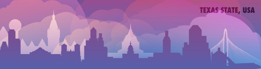 Texas state, USA skyline with cities panorama, gradient vector thin banner. Purple color Dallas, Houston, San Antonio, Austin, Fort Worth cityscape for footer, header, infographic, horizontal graphics