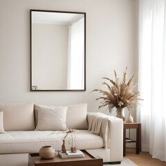 
Frame mockup, ISO A paper size. Living room poster mockup. Modern interior design. Living room Interior mockup with house background. 3D render