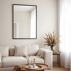 
Frame mockup, ISO A paper size. Living room poster mockup. Modern interior design. Living room Interior mockup with house background. 3D render