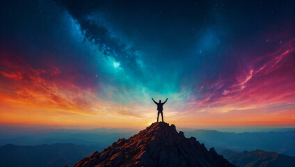 A lone person stands on top of a big mountain with hands towards the sky as to celebrate their achievement