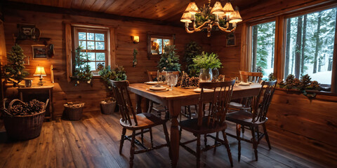 A cozy, cabin-style dining room with a wooden table and chairs, surrounded by pinecones and other natural elements.