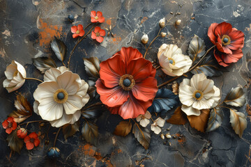 panel wall art, wall decoration, marble background with flowers designs