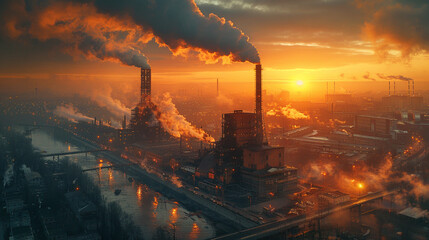Illustration of bad ecology in a big city, there is dark smoke from a large chemical plant. Dark background.