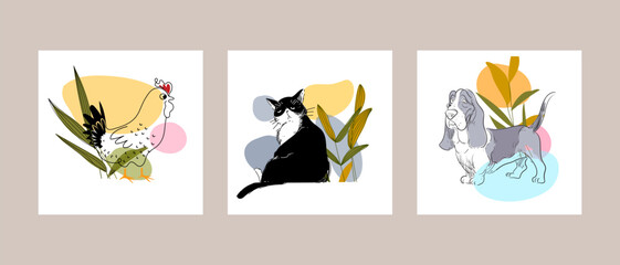 Farm, pet animals hand drawing hand drawn poster wall art vector illustration. Cat, dog, chicken line art doodle collection.
