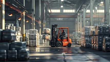Forklift lifting heavy pallets, in a bustling warehouse, high detail