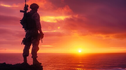 silhouette of a lone soldier standing stoically on the edge of a towering seaside cliff