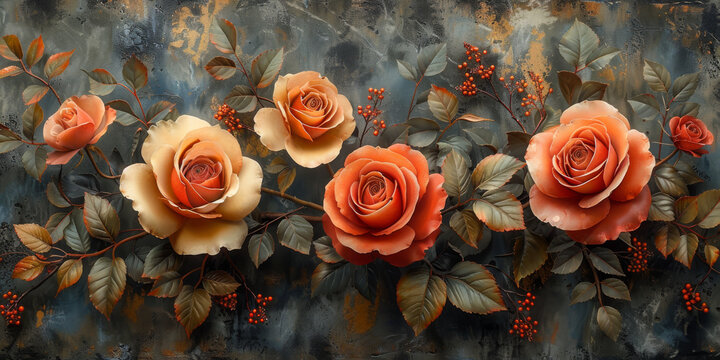 panel wall art, wall decoration, marble background with flowers designs