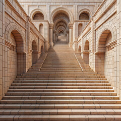 Fototapeta premium The image features a flight of stairs with many steps made of beige stone. The walls are adorned with arches separated by rectangular blocks. The top of the stairs is covered in small stones.