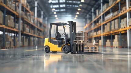 Forklift placing pallets on high shelves, in a large warehouse, detailed and lifelike