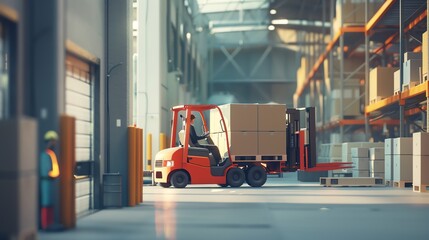 Forklift unloading a truck, in a large distribution center, detailed render