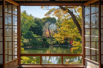 View of Japan Nature landscape from a Japanese hotel window at autumn