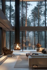 Modern Scandinavian living room with minimalist furniture, a cozy fireplace, and large windows showcasing a serene forest view.