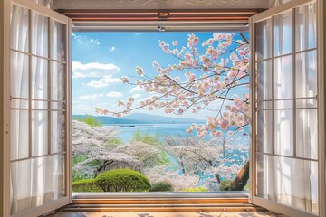 View of Japan from a Japanese hotel window at spring with Cherry Blossom tree / Sakura tree