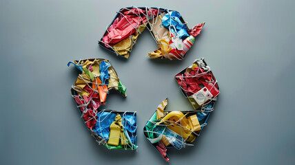A recycling logo made up of various recyclable items 
