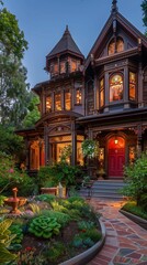 Fototapeta premium Stunning Victorian-style exterior with intricate woodwork, lush landscaping, and a vibrant red front door, bathed in soft morning light.