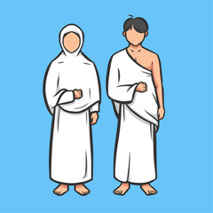 Obraz premium Muslim couple performs Islamic Hajj Pilgrimage. Man and Woman Hajj characters wear ihram clothes. Vector illustration in hand drawn