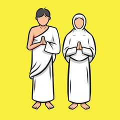 Muslim couple performs Islamic Hajj Pilgrimage. Man and Woman Hajj characters wear ihram clothes. Vector illustration in hand drawn