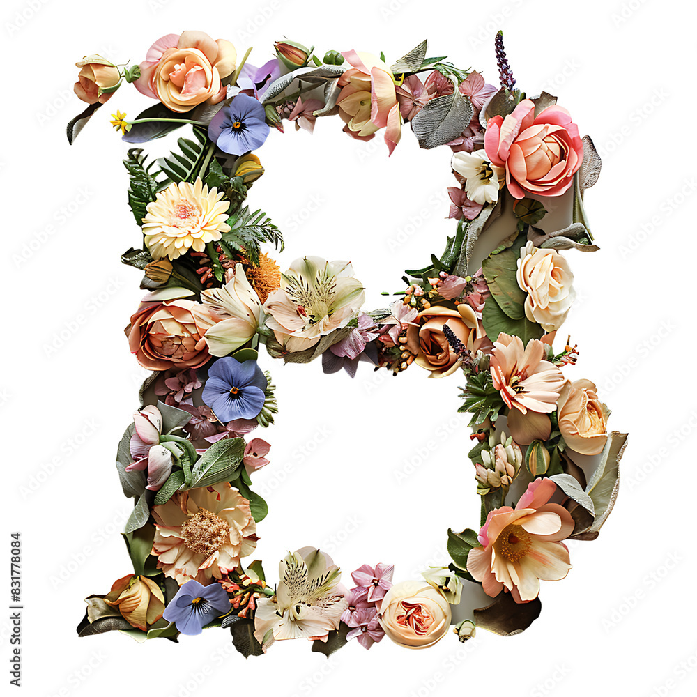 Fototapete elegant shot of text letters b crafted in flowers on a clean, isolated on transparent background