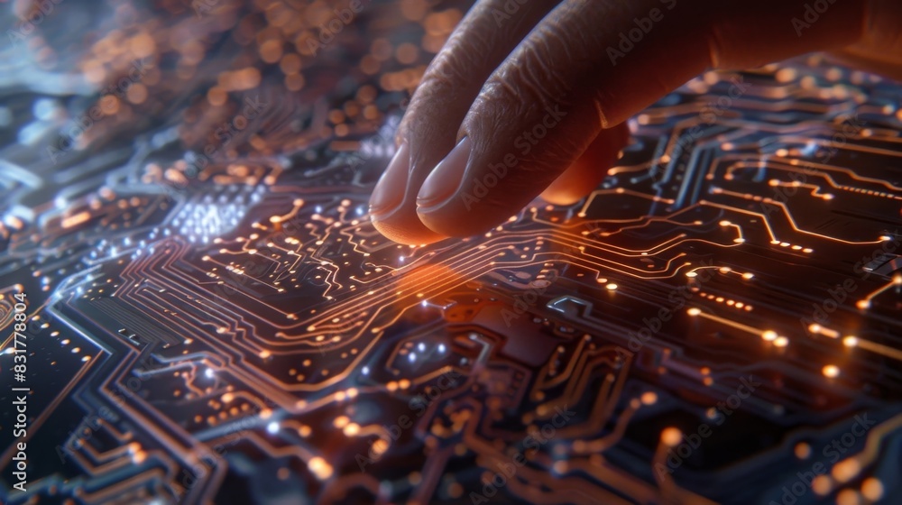 Poster the intricate patterns of a circuit board as a person traces their fingers over the lines deeply pon