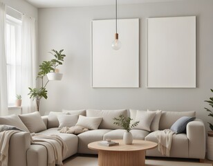 Frame mockup, ISO A paper size. Living room poster mockup. Modern interior design. Living room Interior mockup with house background. 3D render
